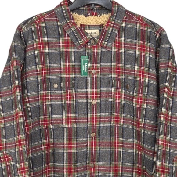 LL Bean Sherpa Lined Shirt Jacket Mens XXL Gray Red Plaid Flannel Shacket NWT